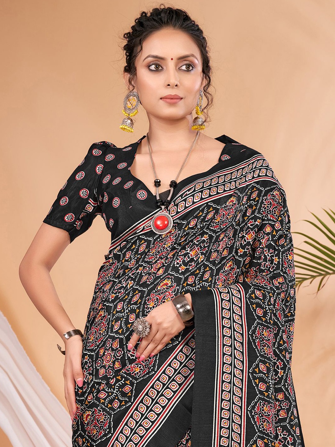 

Saree mall Ajrak Block Print Sarees, Black