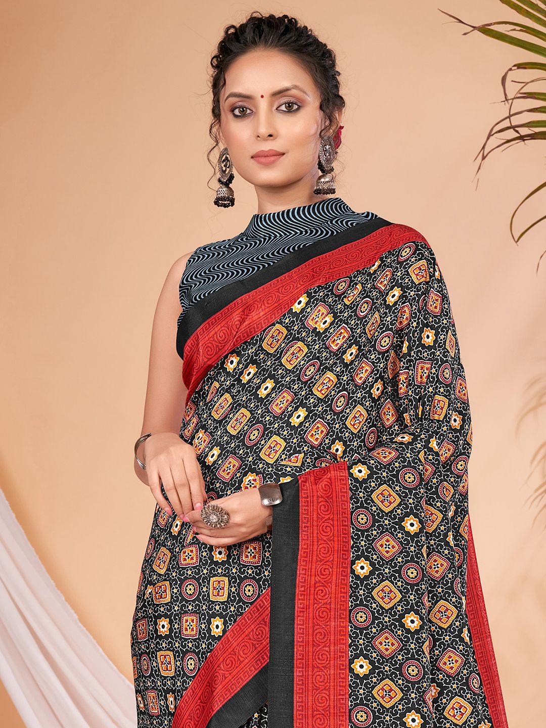 

Saree mall Ajrak Block Block Print Sarees, Black