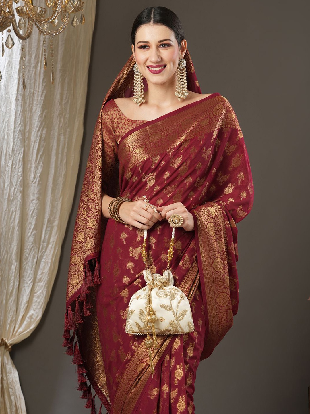 

Saree mall Woven Design Zari Kanjeevaram Sarees, Maroon