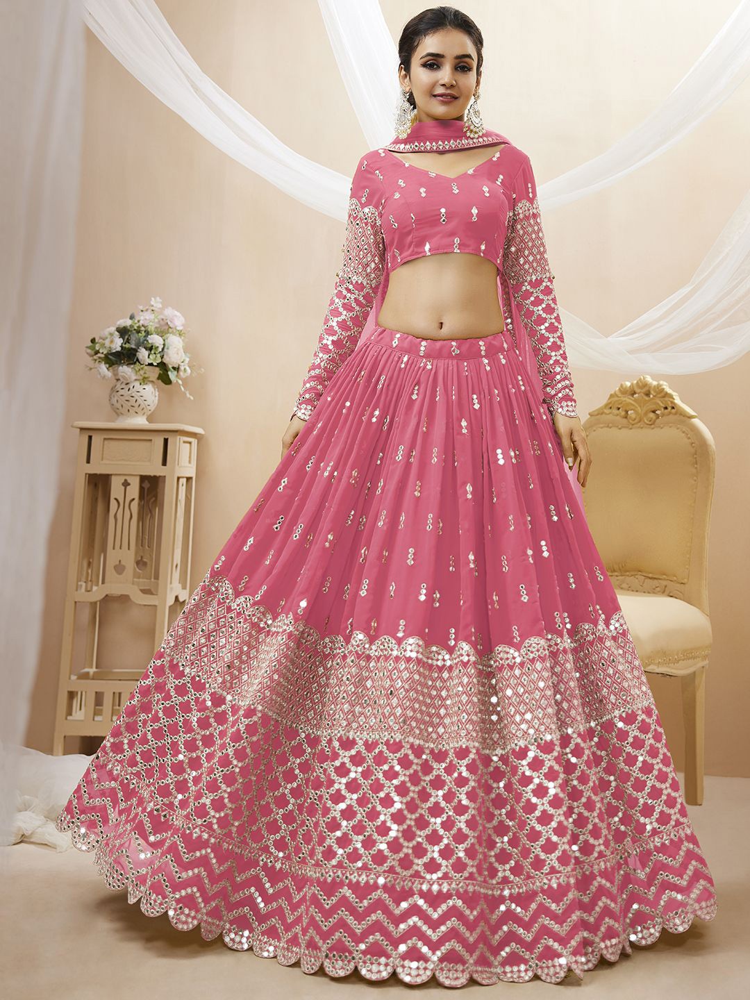 

FABPIXEL Embroidered Sequinned Semi-Stitched Lehenga & Unstitched Blouse With Dupatta, Pink