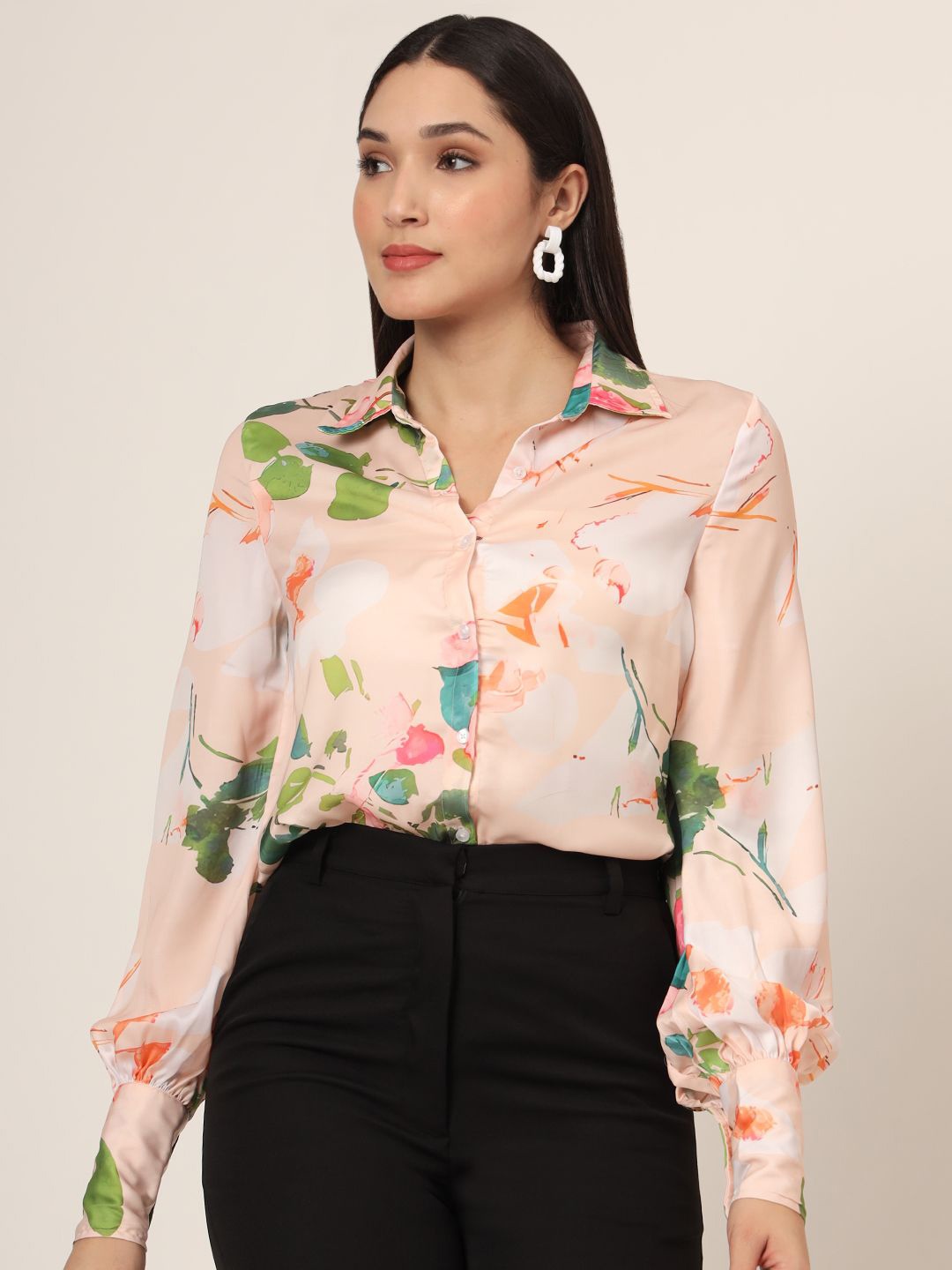 

AMSWAN Women Classic Abstract Printed Regular Fit Casual Shirt, Beige