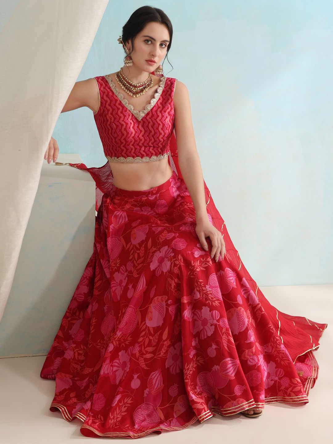 

Khushal K Printed Ready To Wear Lehenga & Blouse With Dupatta, Red