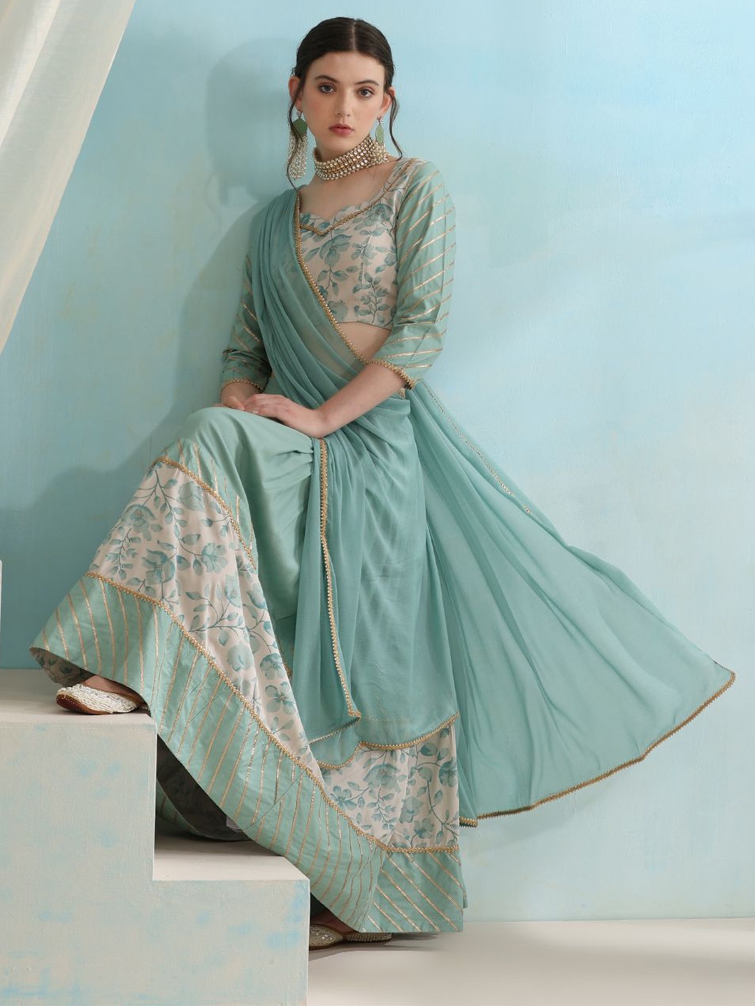 

Khushal K Floral Printed Ready To Wear Lehenga & Blouse With Dupatta, Turquoise blue