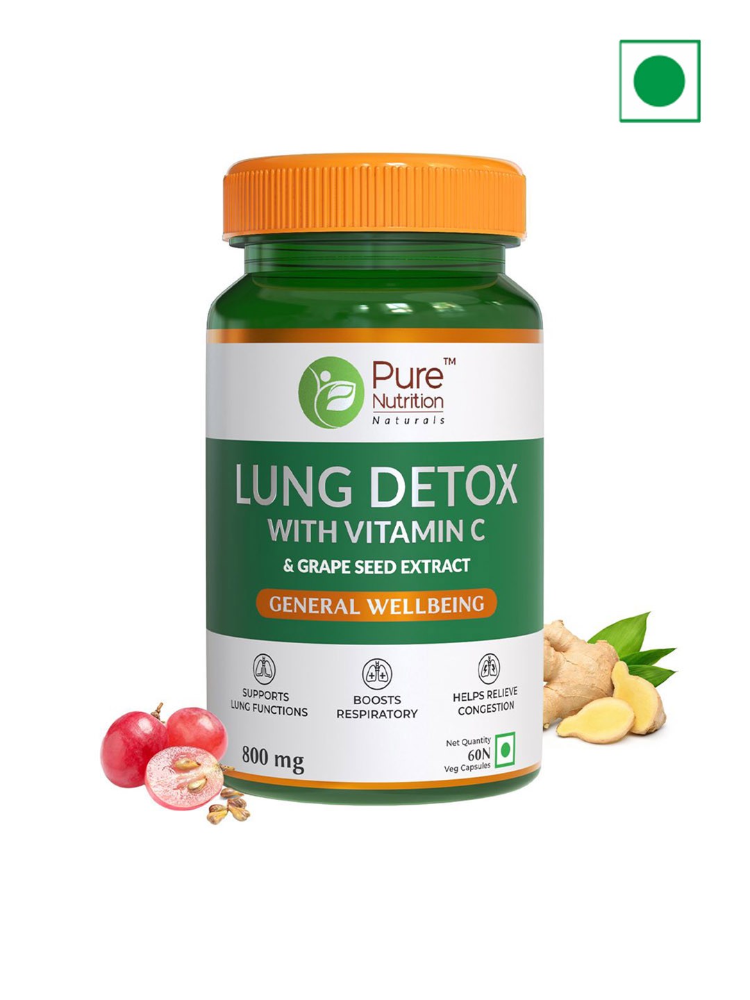 

Pure Nutrition Lung Detox Supplement with Vitamin C & Grapeseed Extract - 60 Capsules, Green