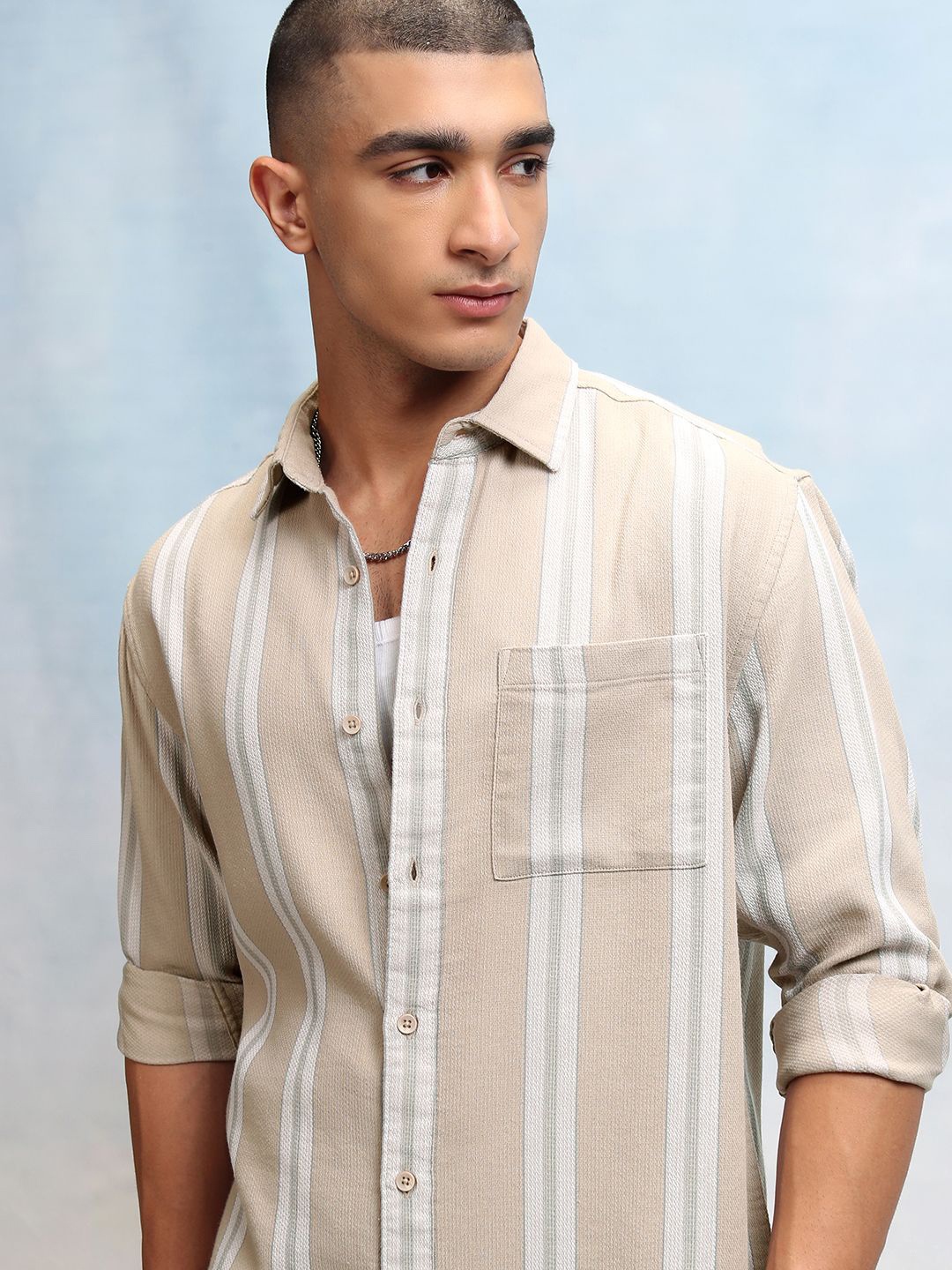 

HIGHLANDER Men Mocklino Dobby Textured Striped Relaxed Shirt, Beige