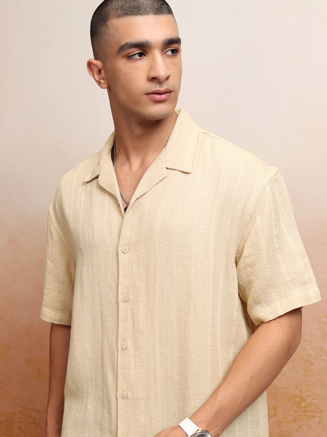 

HIGHLANDER Men Striped Dobby Textured Oversized Shirt, Beige