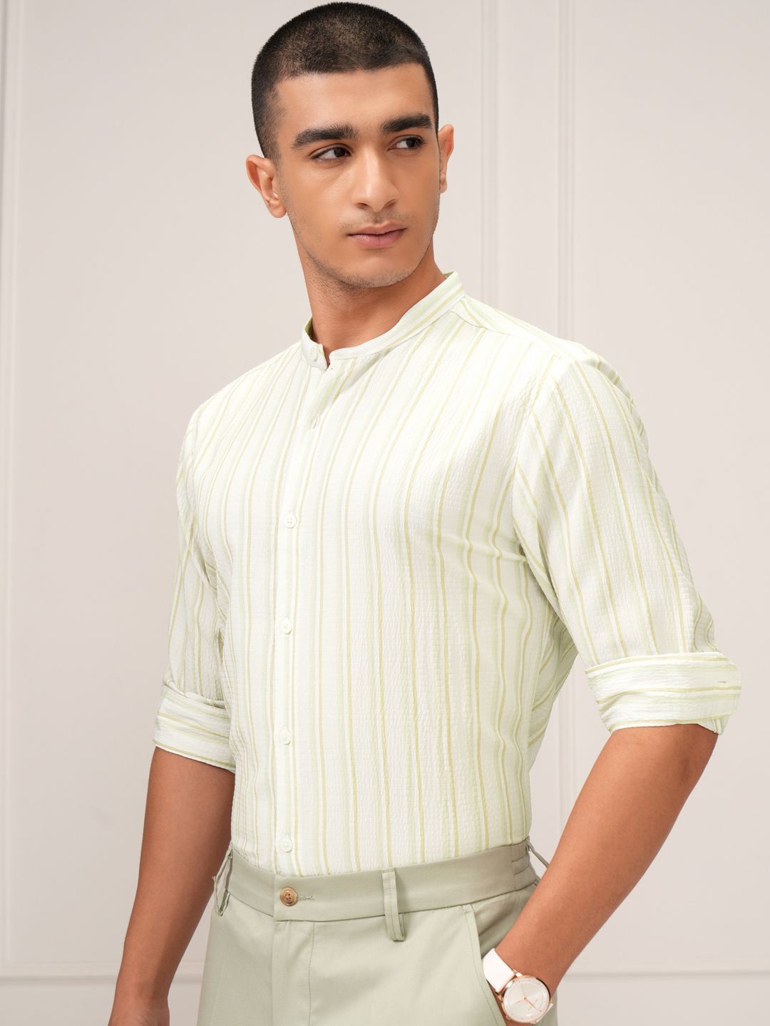 

HIGHLANDER Men Popcorn Textured Striped Mandarin Collar Casual Shirt, Cream