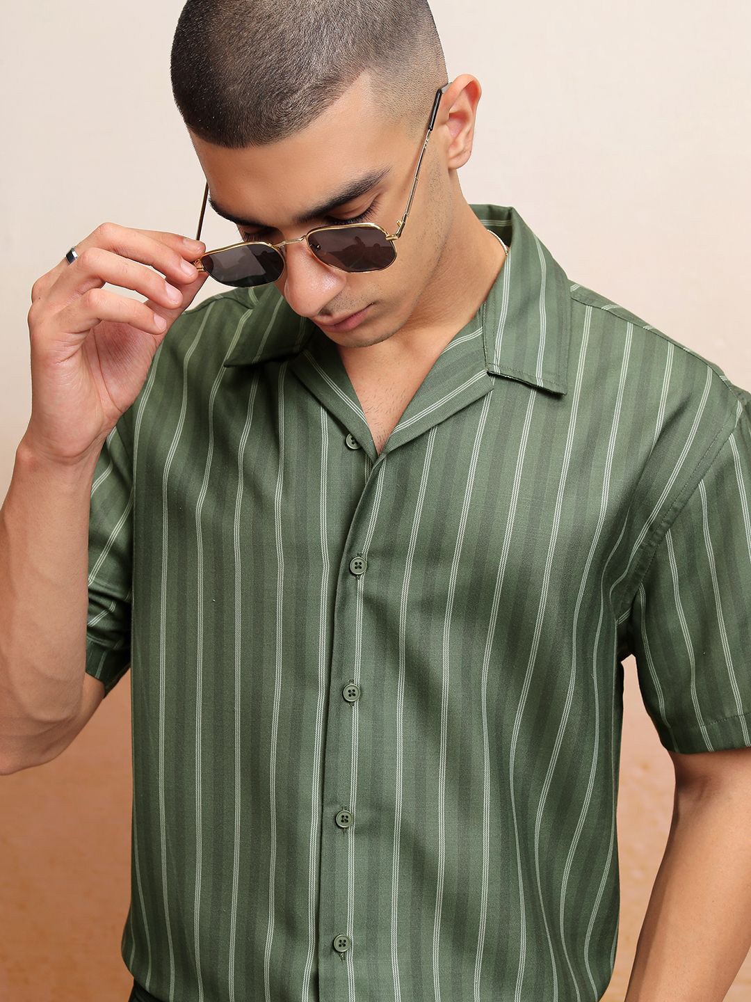 

HIGHLANDER Men Textured Striped Cuban Collar Relaxed Shirt, Olive