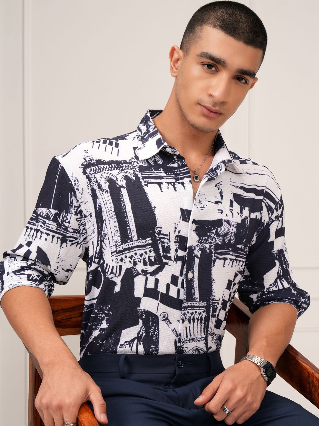 

HIGHLANDER Men Popcorn Textured Printed Relaxed Shirt, White
