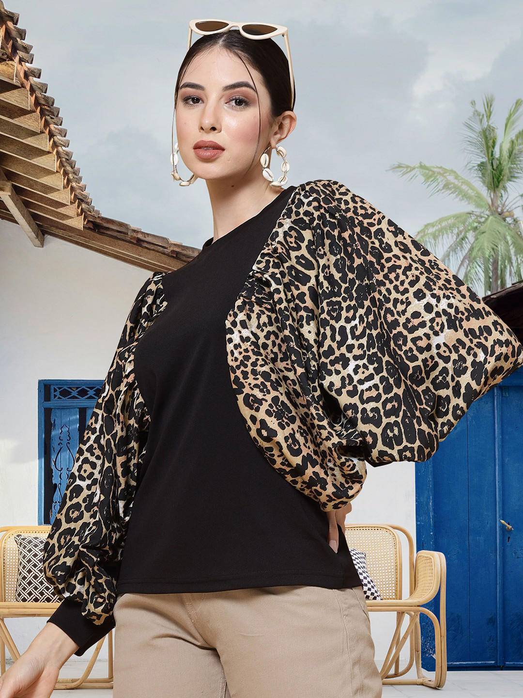 

MISS AYSE Women Animal Printed Round Neck Top, Black