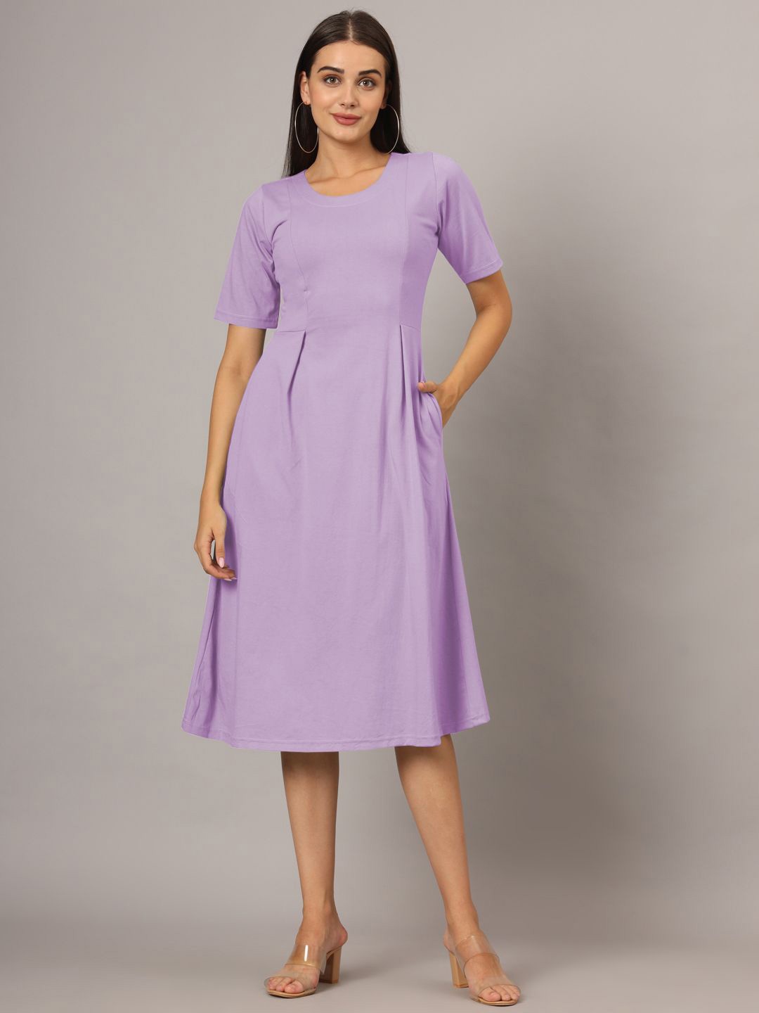 

BRINNS Women Round Neck Cotton Fit & Flare Dress, Lavender