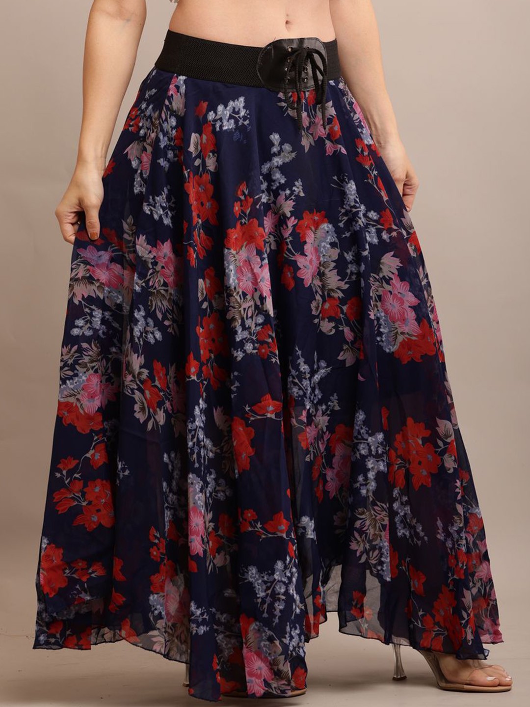 

Raabta Fashion Women Floral Printed Flared Georgette Maxi Skirt, Blue