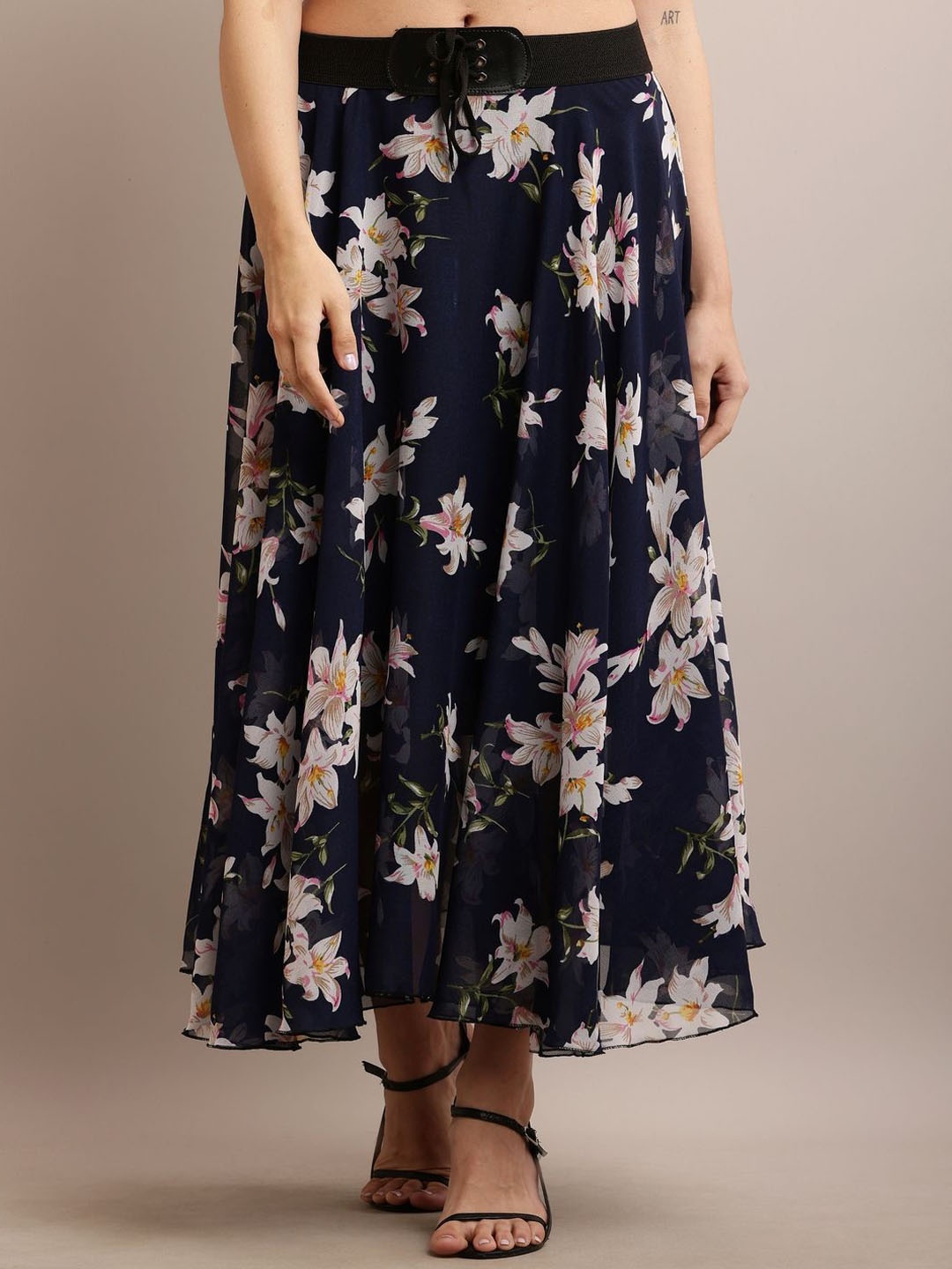 

Raabta Fashion Women Floral Printed Woven Flared Maxi Skirt, Black
