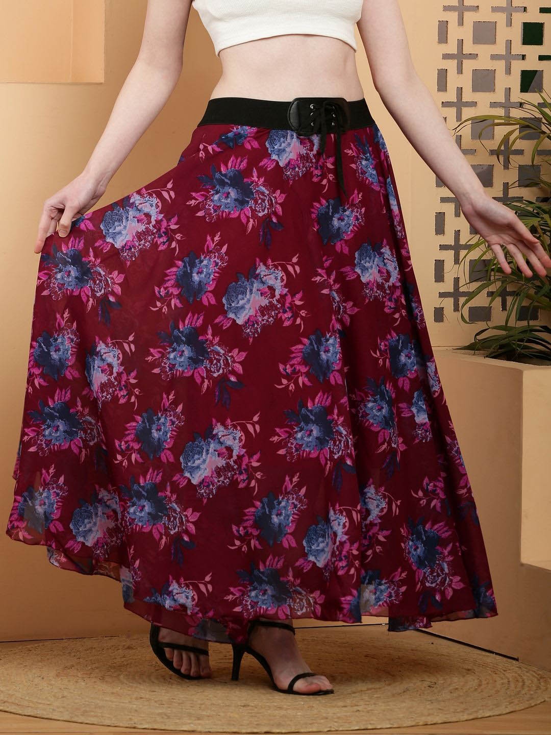 

Raabta Fashion Floral Printed Flared Maxi Skirts, Maroon