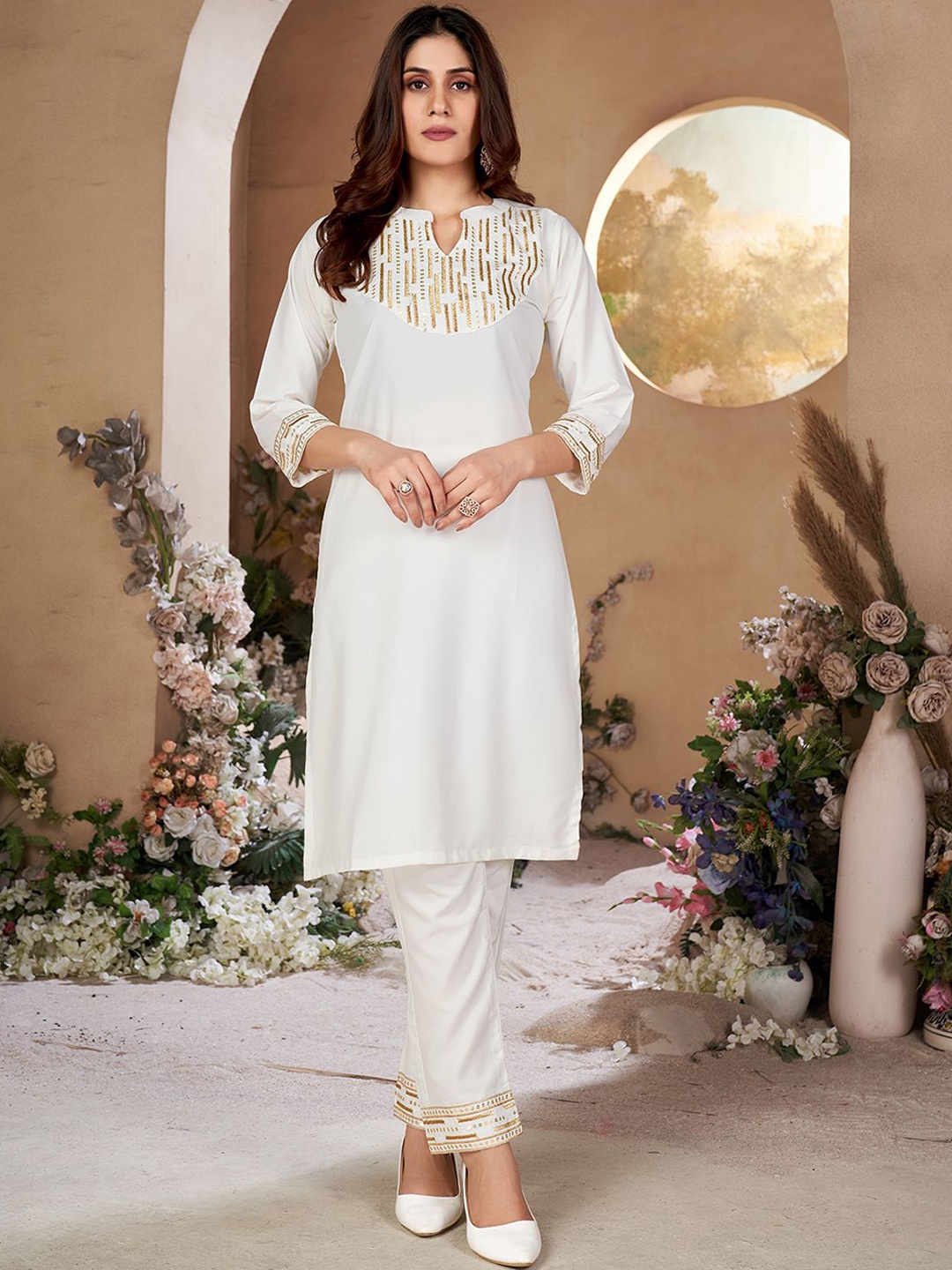 

KALINI Geometric Yoke Design Mandarin Collar Sequinned Straight Kurta with Trousers, White