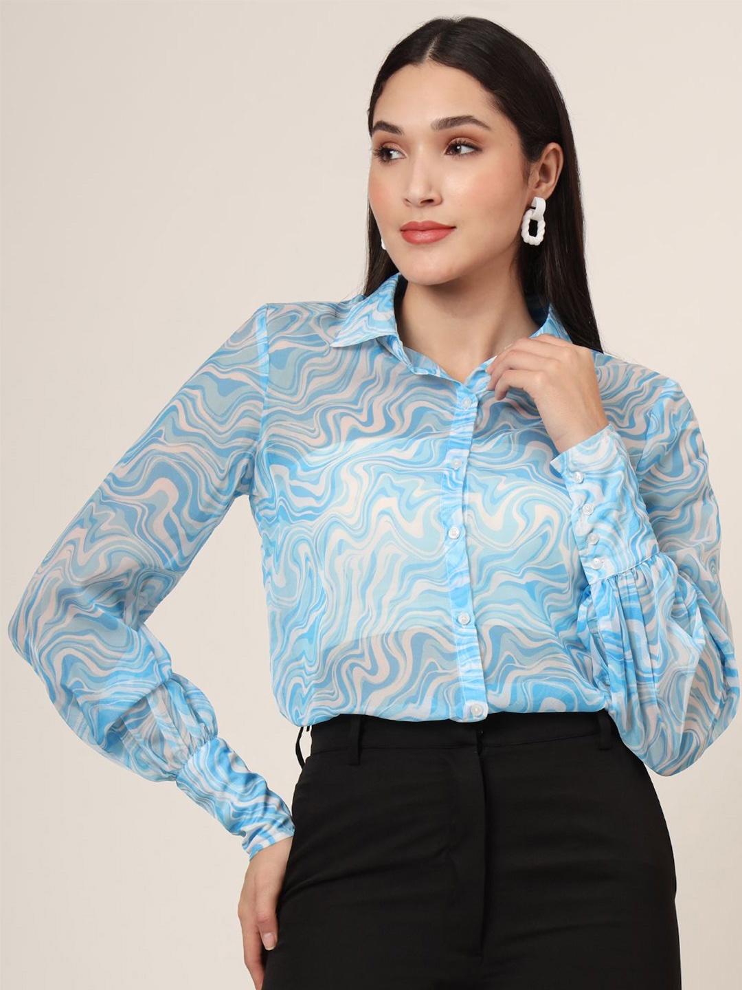 

AMSWAN Women Classic Abstract Opaque Printed Casual Shirt, Blue