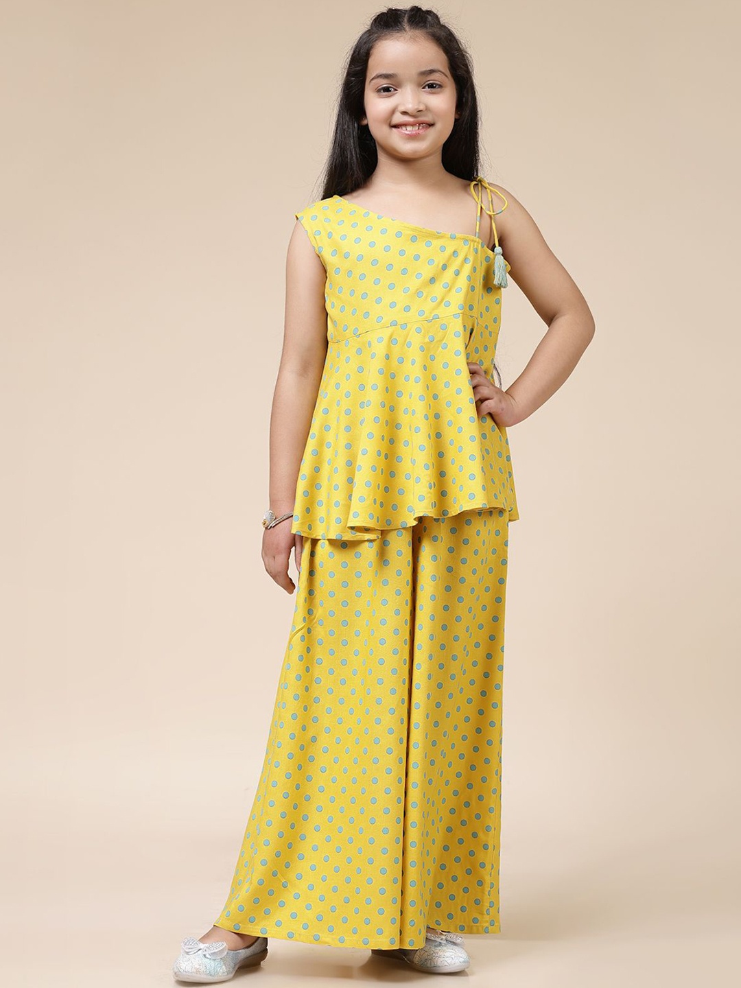 

BAESD Girls Polka Dots Printed One Shoulder Top With Palazzos, Yellow