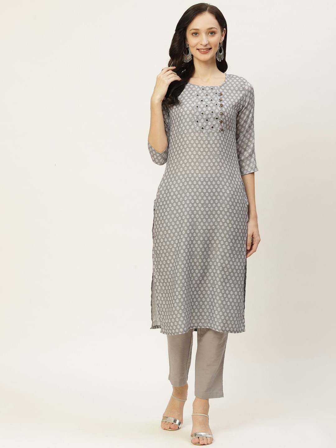 

KALINI Floral Printed Round Neck Straight Kurta, Grey