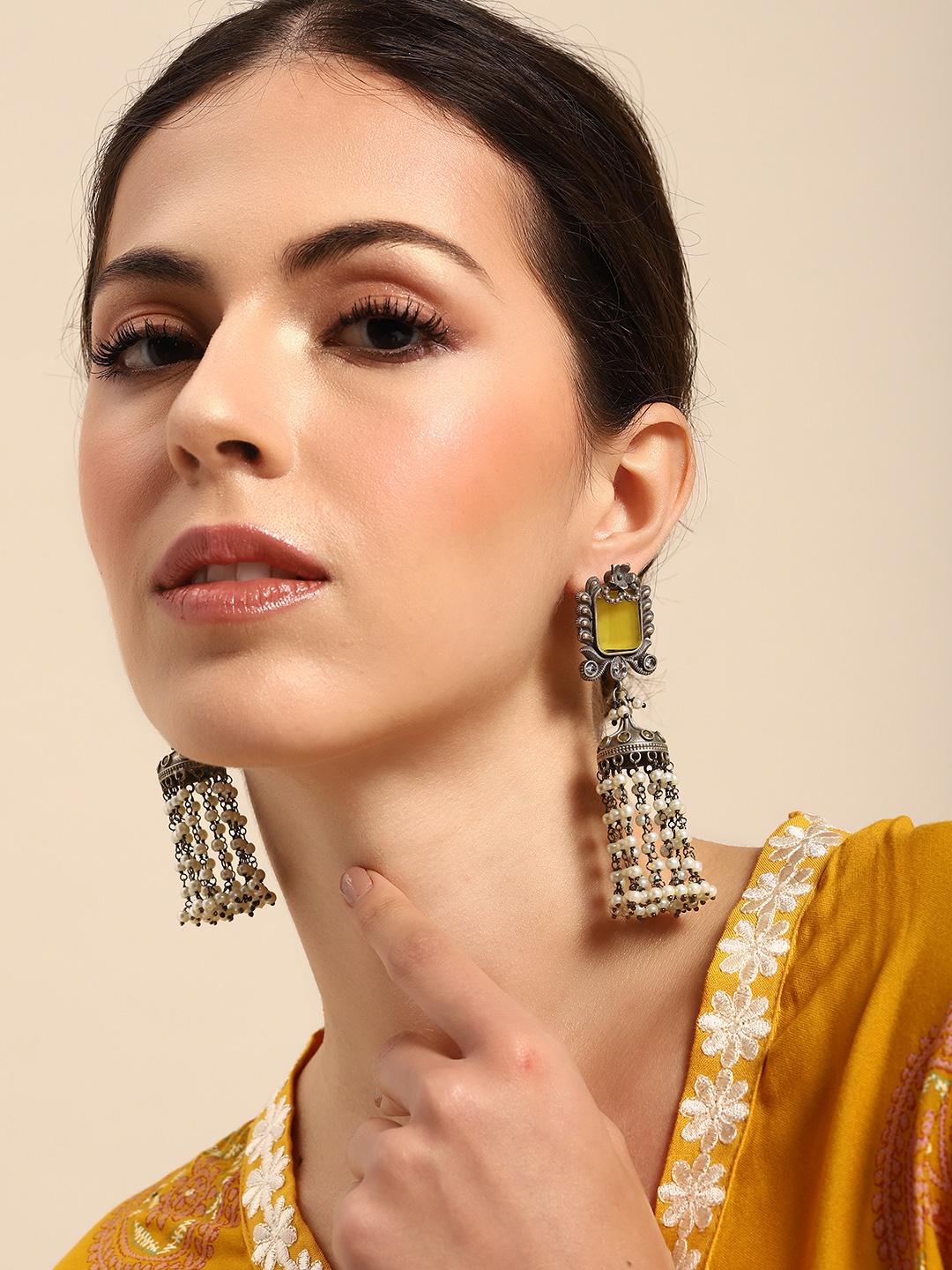 

Anouk Silver-Plated Contemporary Beads & Stones Jhumkas