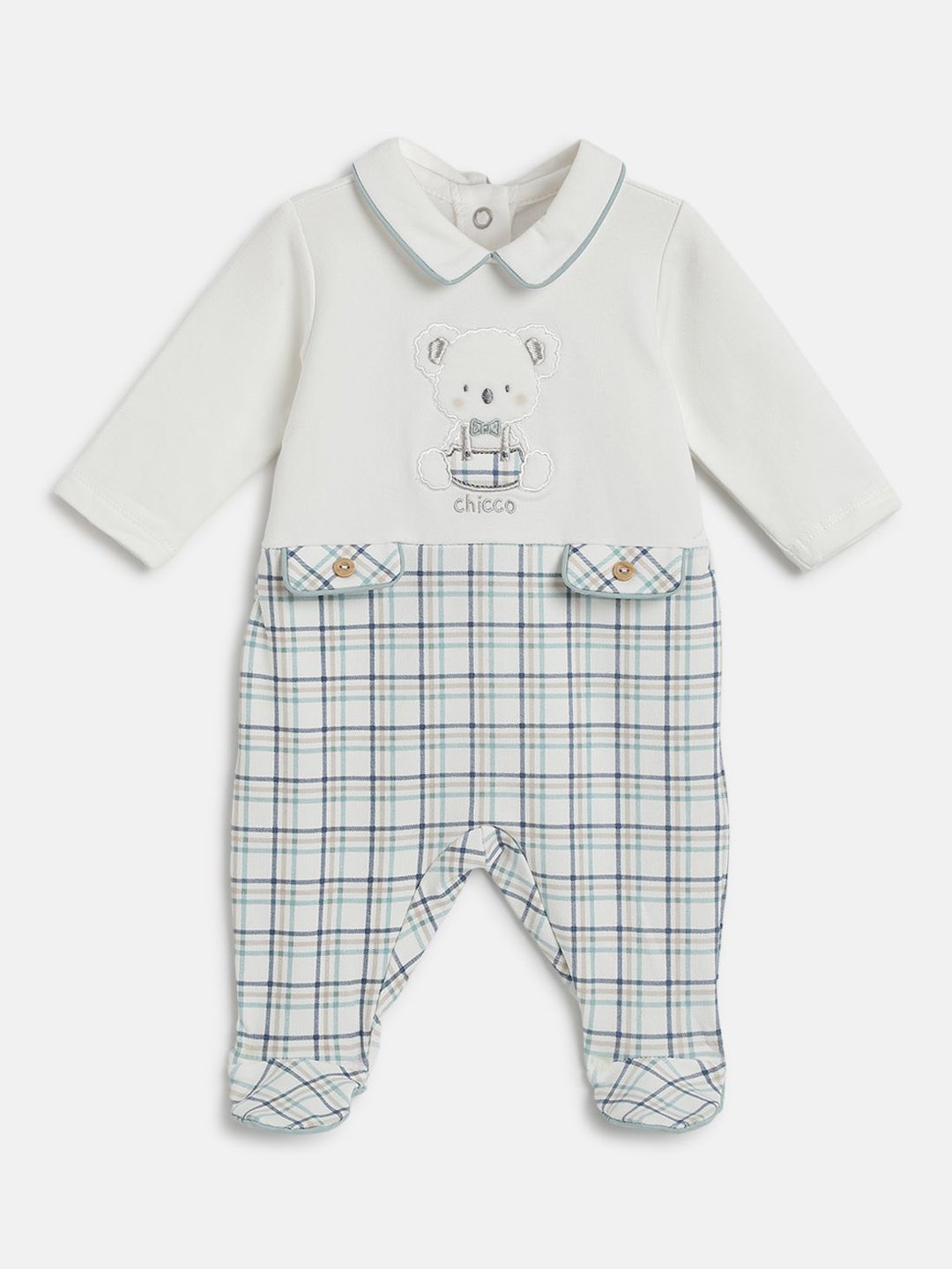 

Chicco Boys Checked Applique Nappy Opening Sleepsuit, White