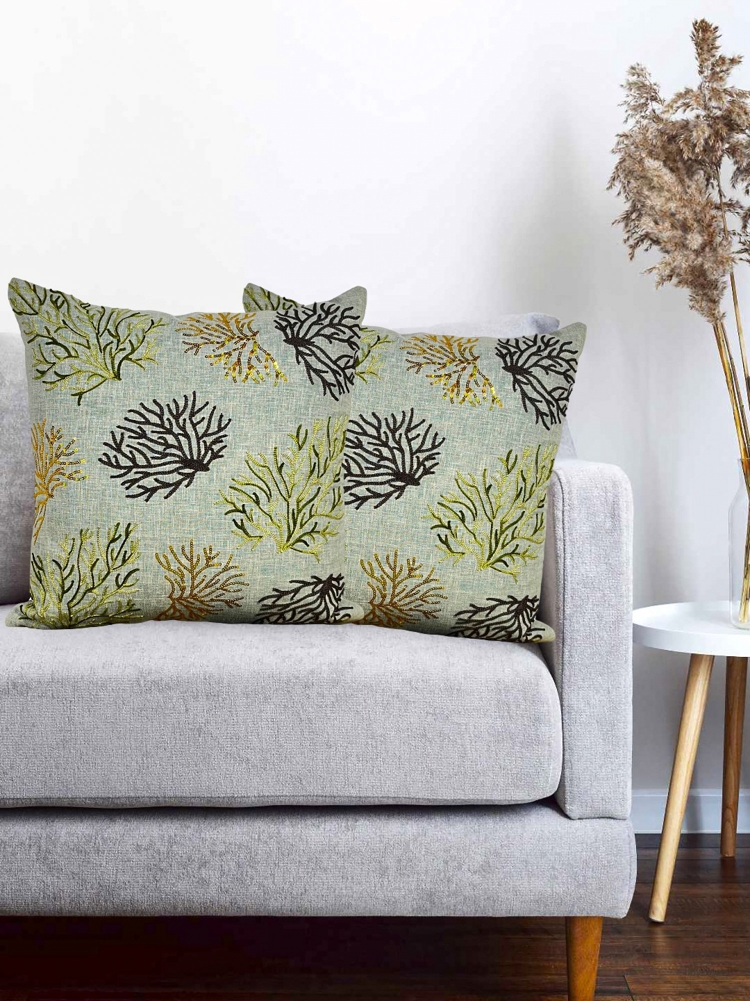 

Vinayaka Fab Grey & Green 2 Pieces Floral Embroidered Velvet Square Cushion Covers