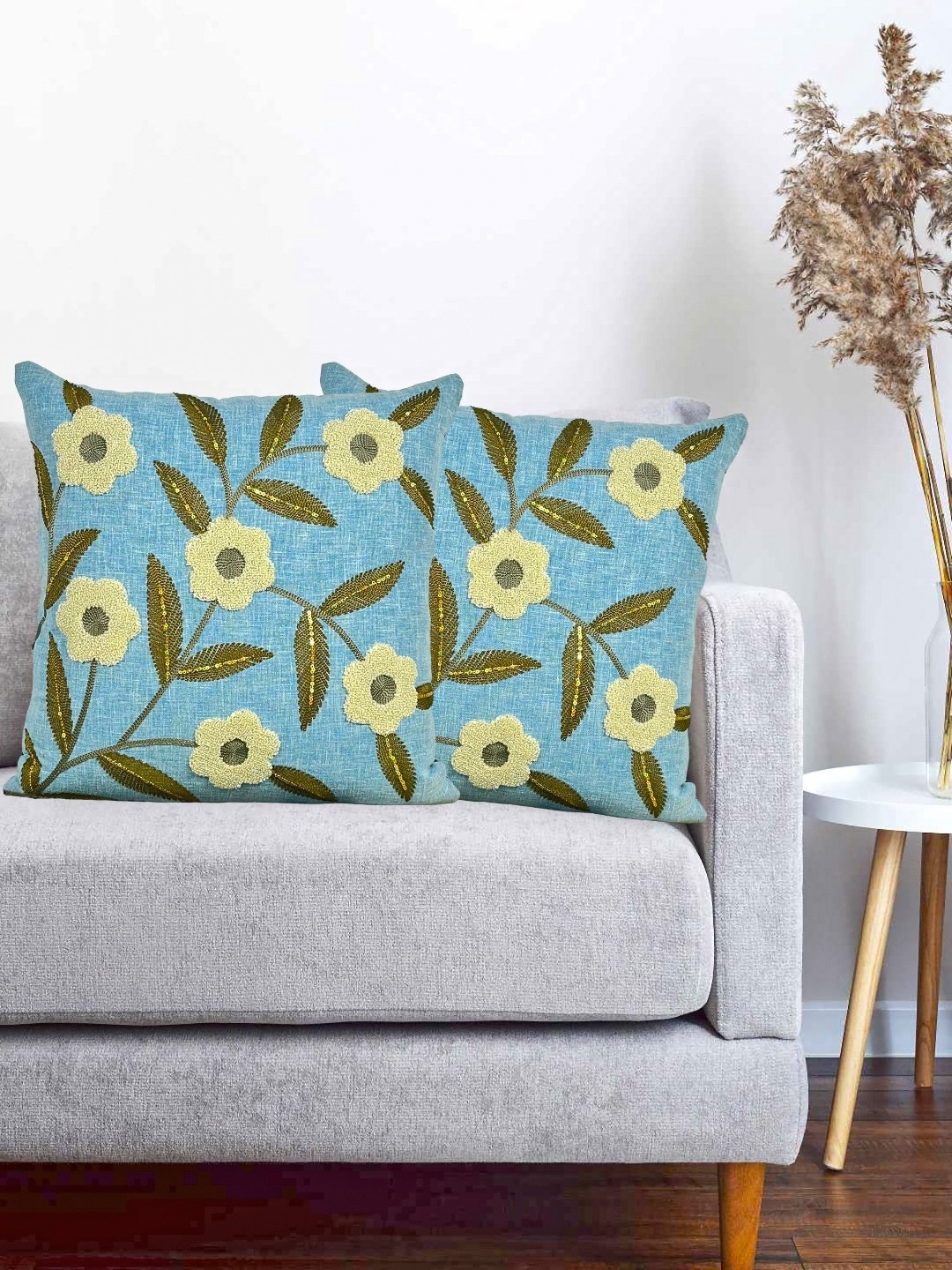 

Vinayaka Fab Blue & Yellow 2 Pieces Floral Embroidered Velvet Square Cushion Covers
