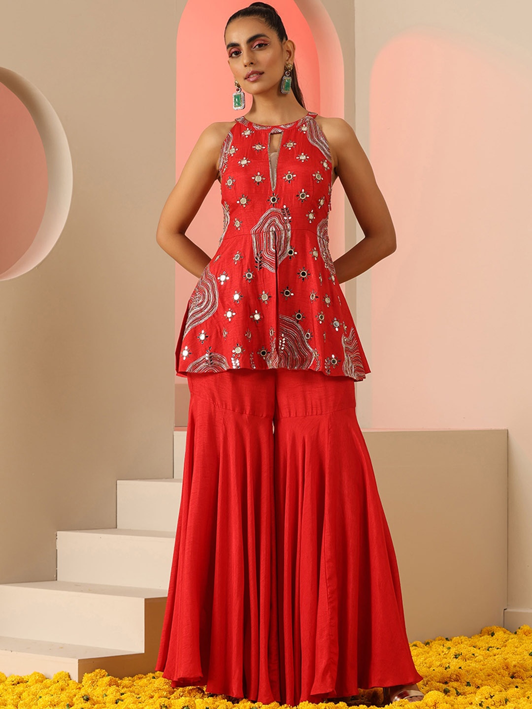

KUDI PATAKA Ethnic Motifs Embroidered Regular Mirror Work Kurti with Sharara, Red