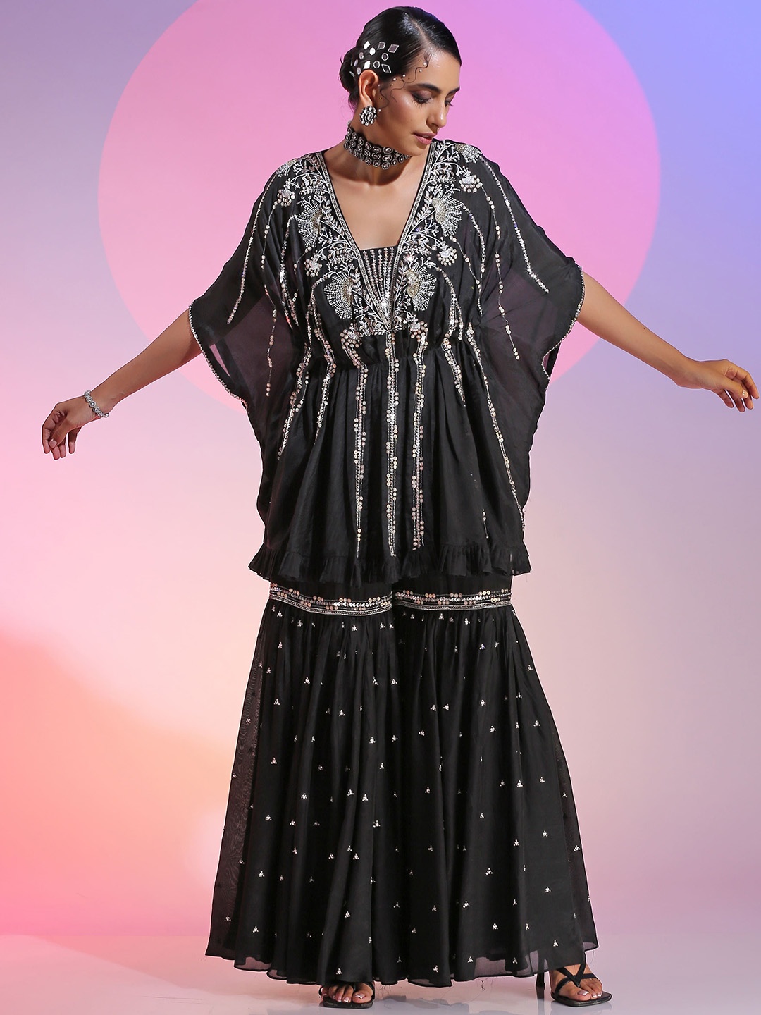

KUDI PATAKA Floral Embroidered Regular Sequinned Kaftaan Kurti with Sharara, Black