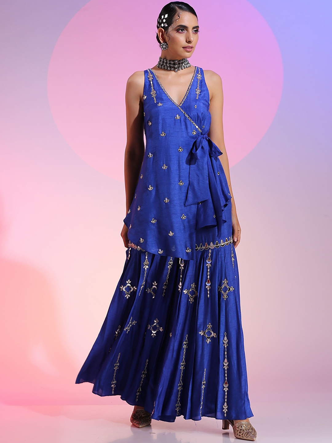 

KUDI PATAKA Ethnic Motifs Embroidered Regular Sequinned Kurti with Sharara, Blue