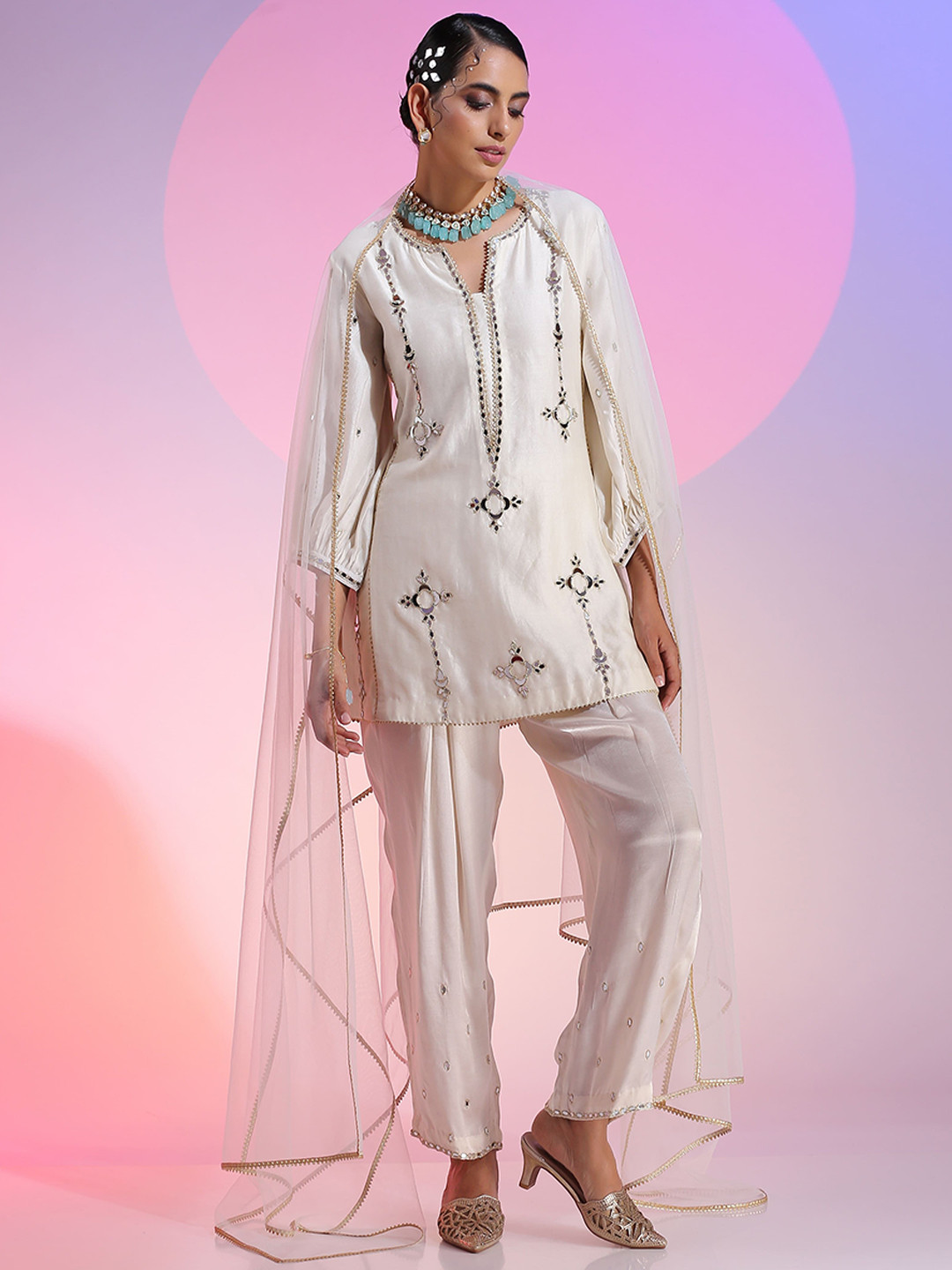 

KUDI PATAKA Floral Embroidered Mirror Work Chanderi Silk Kurti with Trousers & Dupatta, Off white