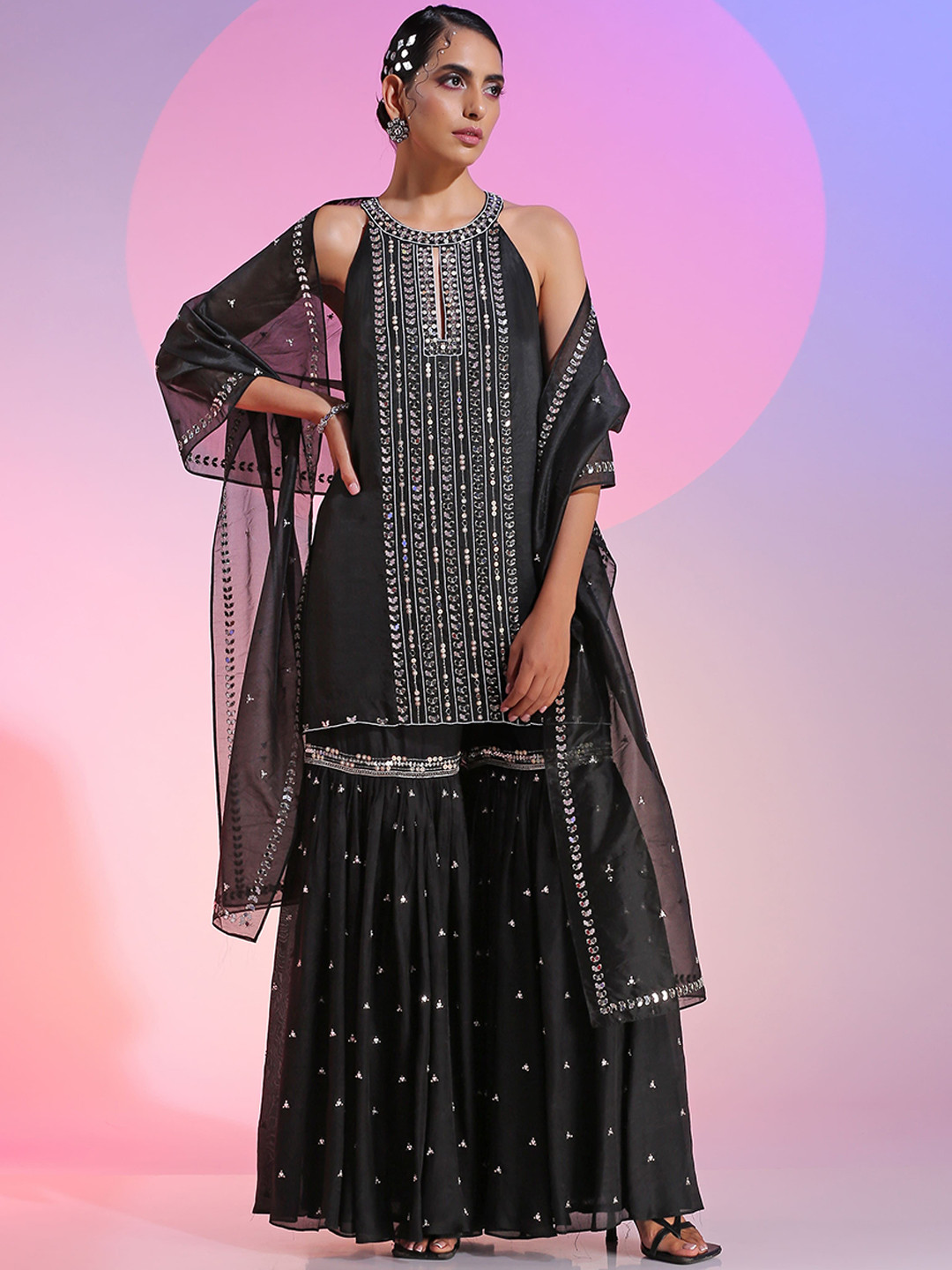 

KUDI PATAKA Ethnic Motifs Embroidered Regular Mirror Work Kurti with Sharara & Dupatta, Black