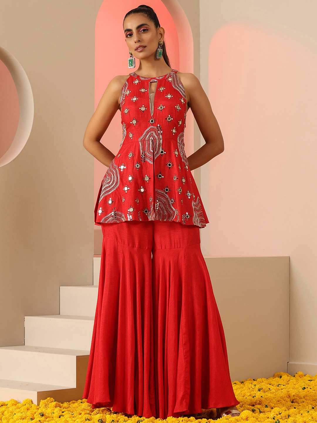 

KUDI PATAKA Embroidered Regular Mirror Work Kurta with Sharara, Red