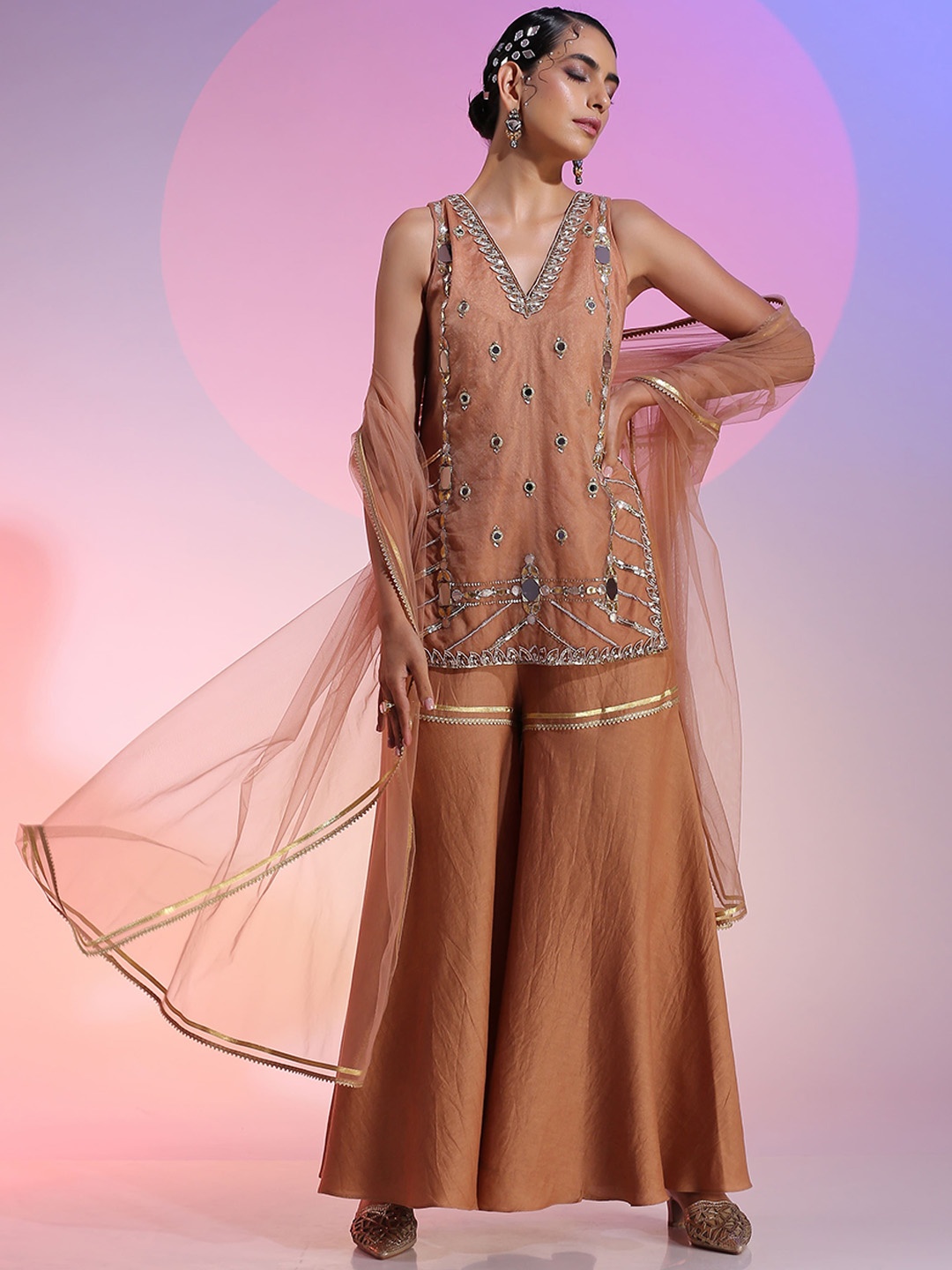 KUDI PATAKA Embroidered Regular Mirror Work Kurti with Sharara & With Dupatta, Brown