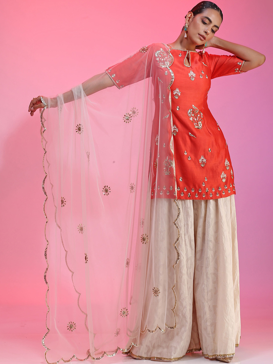 

KUDI PATAKA Floral Embroidered Thread Work Chanderi Silk Kurta with Palazzos & Dupatta, Coral
