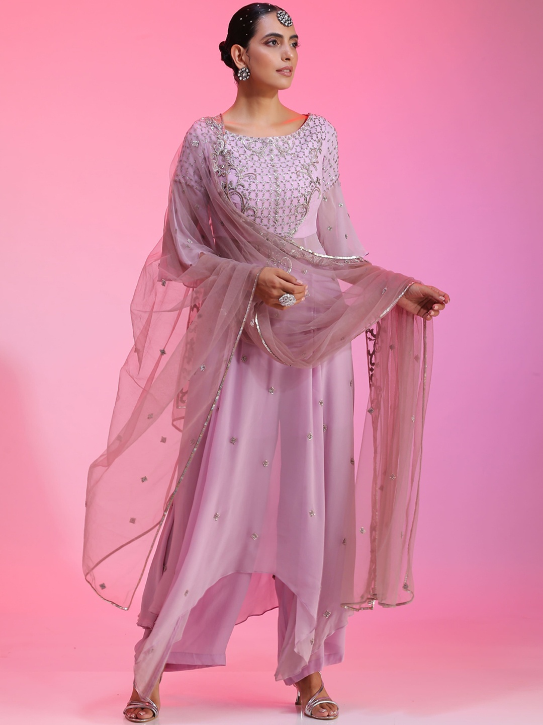 

KUDI PATAKA Embroidered Regular Sequinned Kurta with Salwar & With Dupatta, Lavender