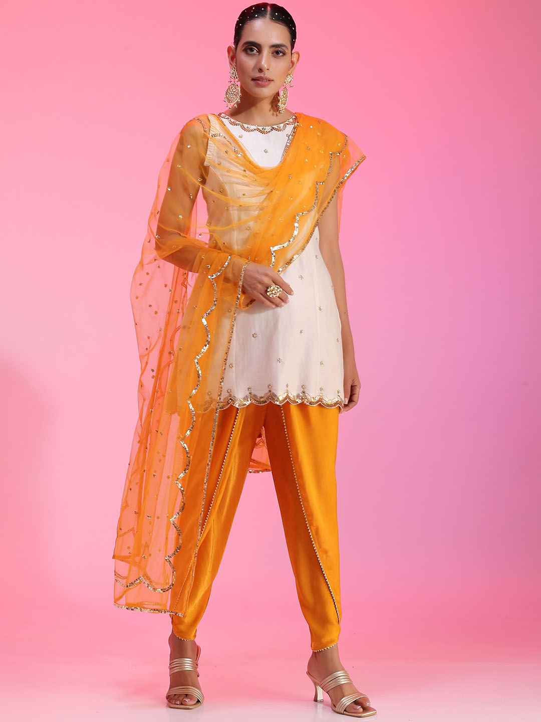 

KUDI PATAKA Ethnic Motifs Embroidered Sequinned Kurta with Trousers & Dupatta, Orange