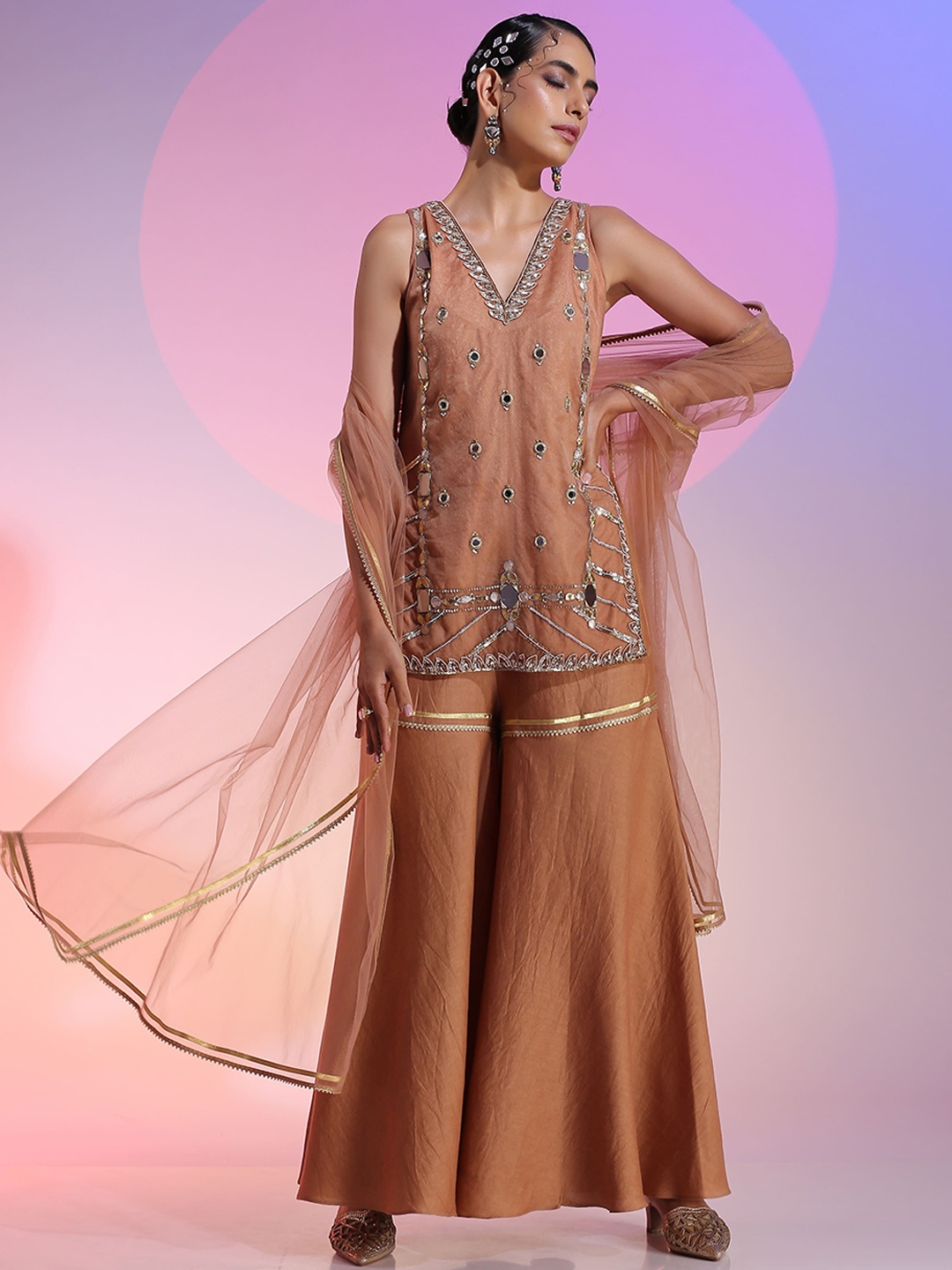 

KUDI PATAKA Embroidered Regular Mirror Work Kurti with Sharara & Dupatta, Brown