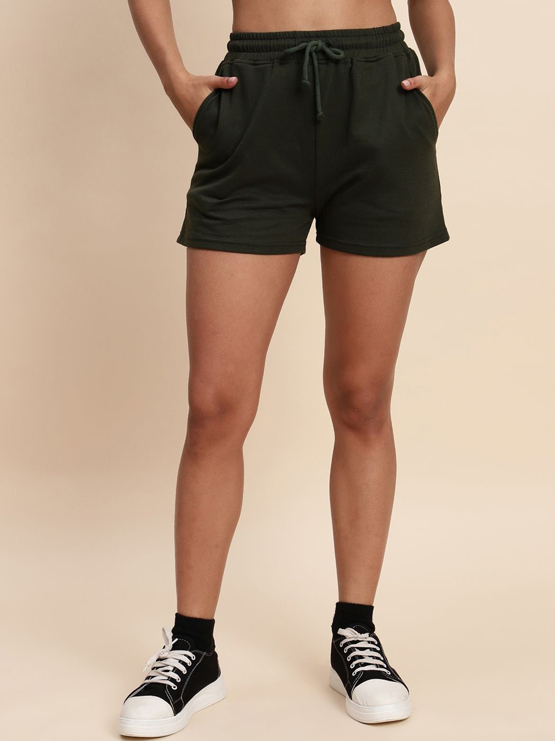 UnaOne Women Cotton Mid-Rise Outdoor Shorts, Olive