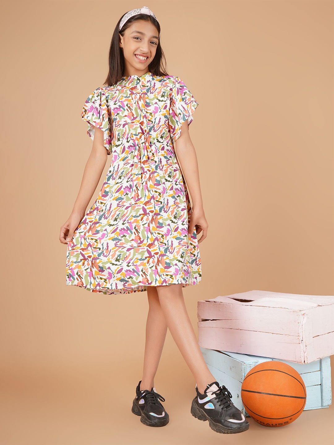 

Unique Designers Girls Printed Mandarin Collar Flutter Sleeve Above Knee Fit & Flare Dress, Off white