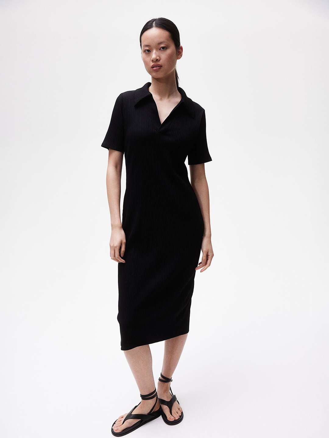 

H&M Mama Collared Nursing Ribbed T-shirt Midi Dress, Black