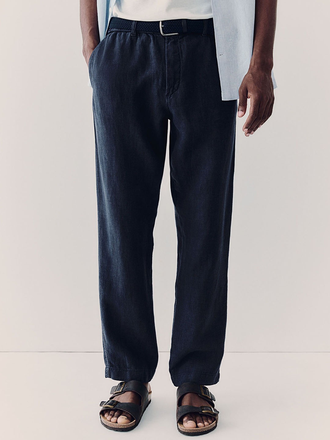 

H&M Men Regular Fit Mid-Rise Pure Linen Trousers, Blue