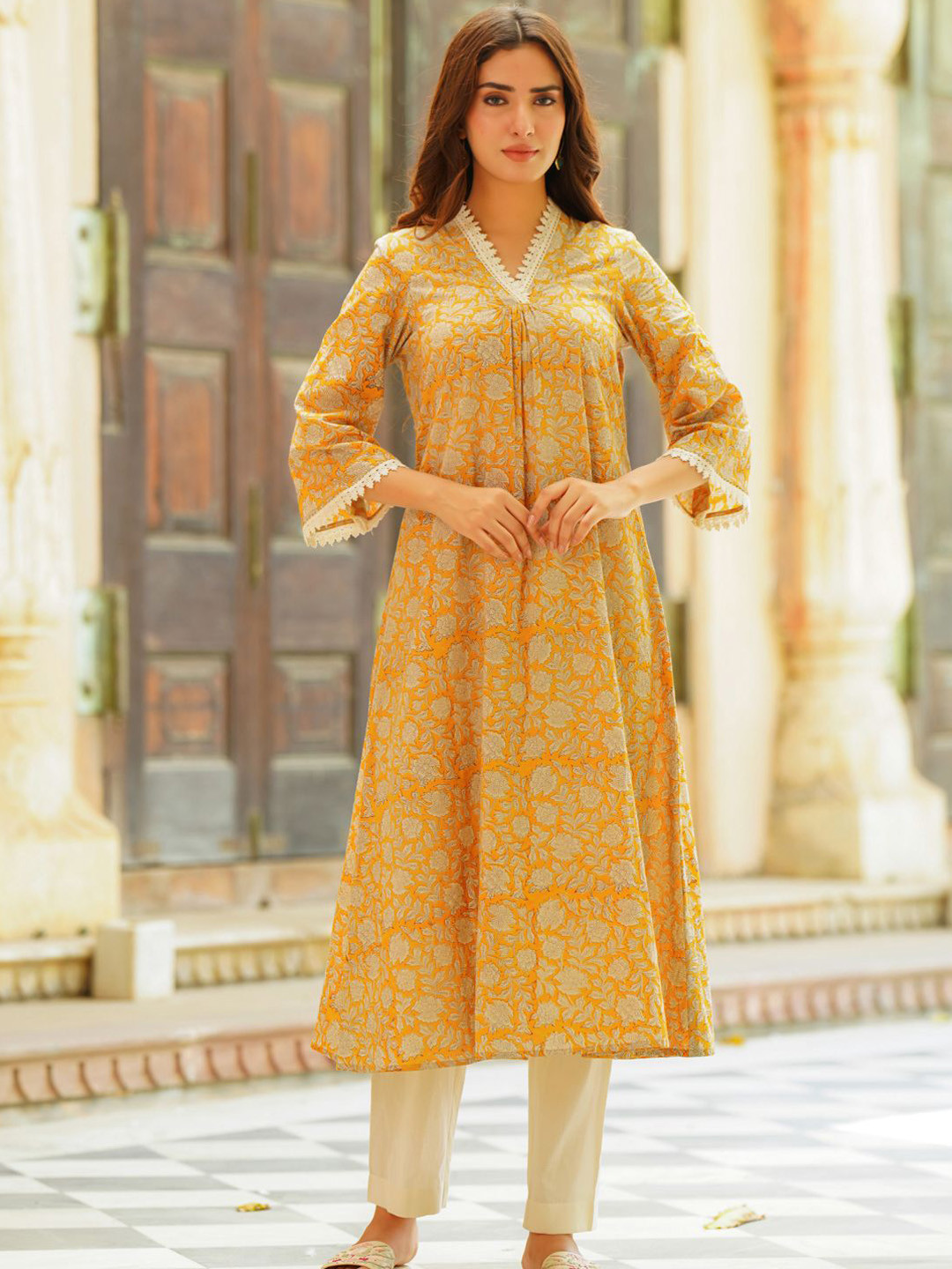 

Ambraee Floral Printed V-Neck Pleated Pure Cotton A-Line Kurta With Palazzos, Yellow