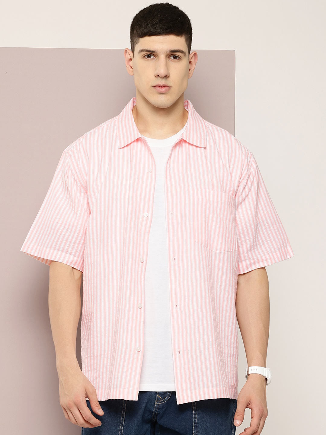 

Kook N Keech Opaque Striped Casual Oversized Shirt, Peach