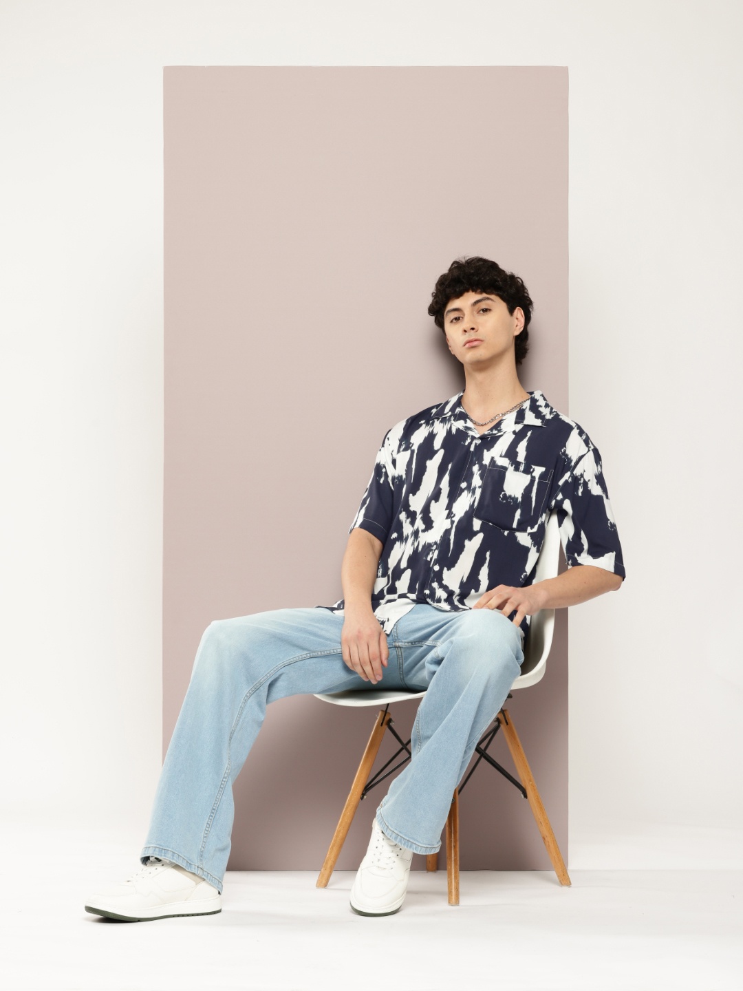 Kook N Keech Short Sleeves Abstract Printed Casual Oversized Shirt, Navy blue