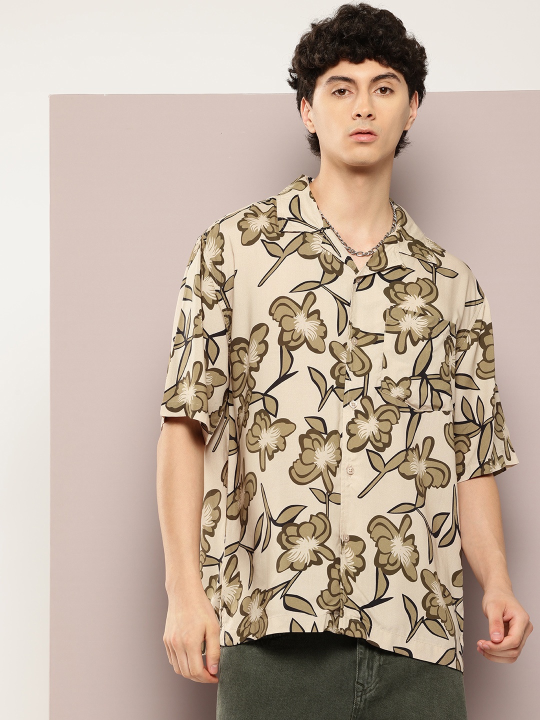 

Kook N Keech Short Sleeves Floral Printed Casual Oversized Shirt, Green