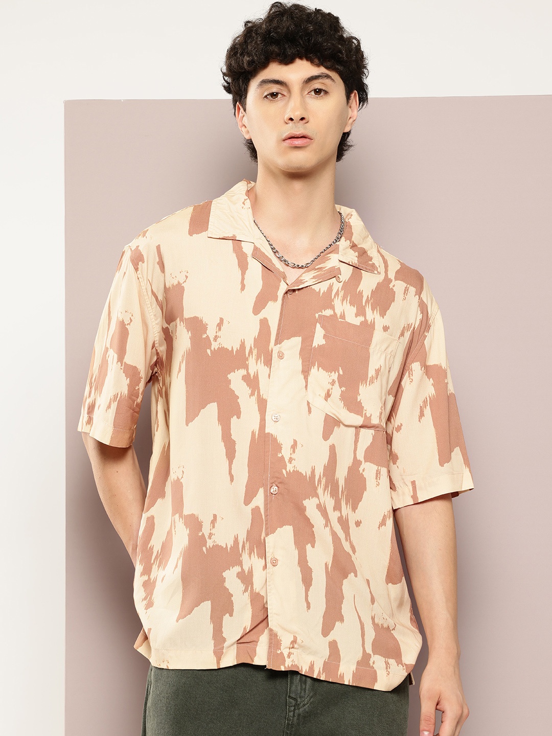

Kook N Keech Short Sleeves Abstract Printed Casual Oversized Shirt, Beige