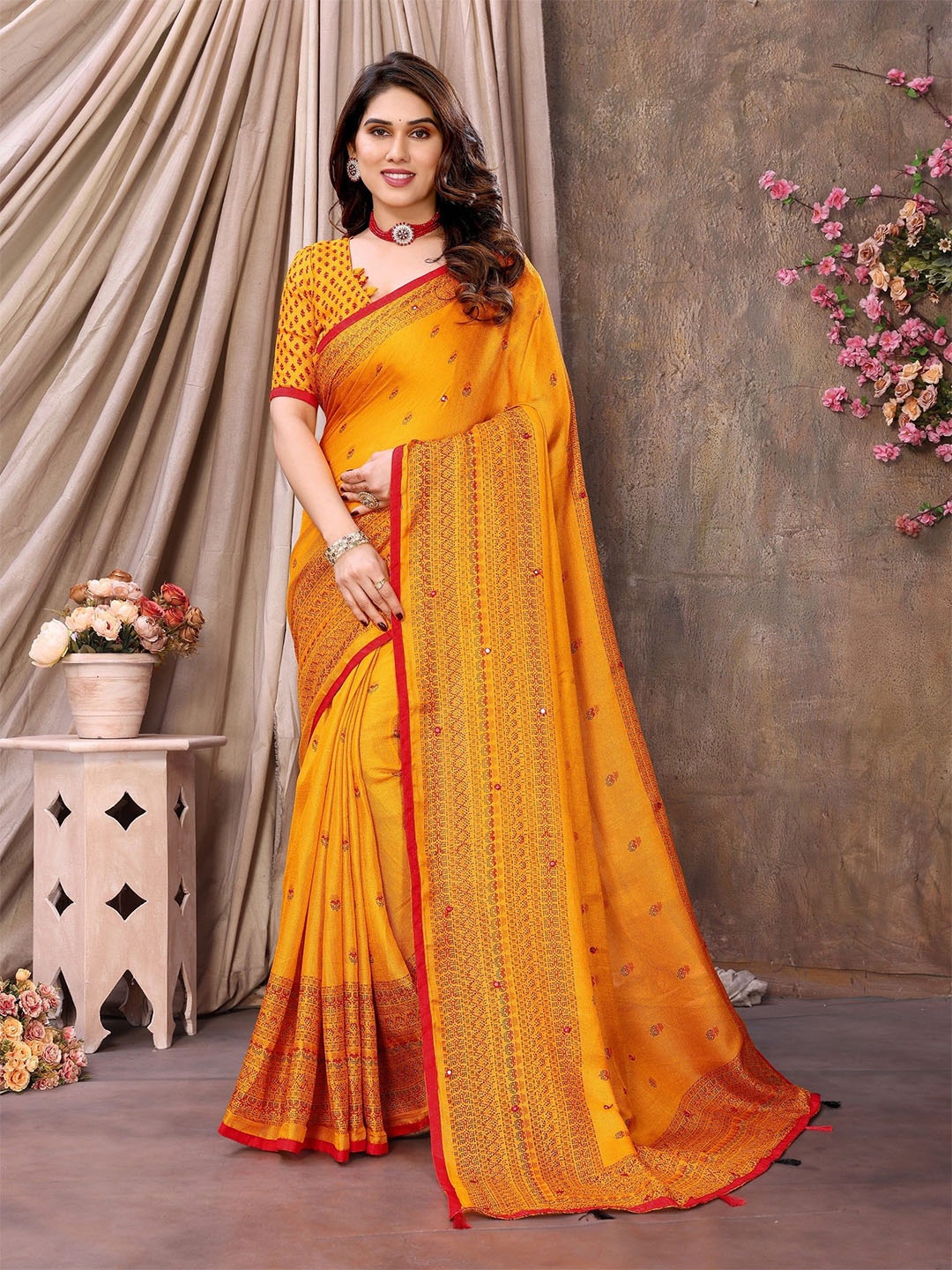 

The Textile Hub Ethnic Motifs Mirror Work Tassel Saree, Yellow
