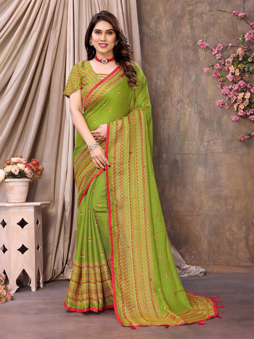

The Textile Hub Ethnic Motifs Mirror Work Tassel Saree, Lime green