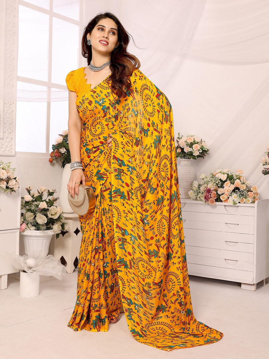 

The Textile Hub Warli Art Saree with Blouse, Yellow
