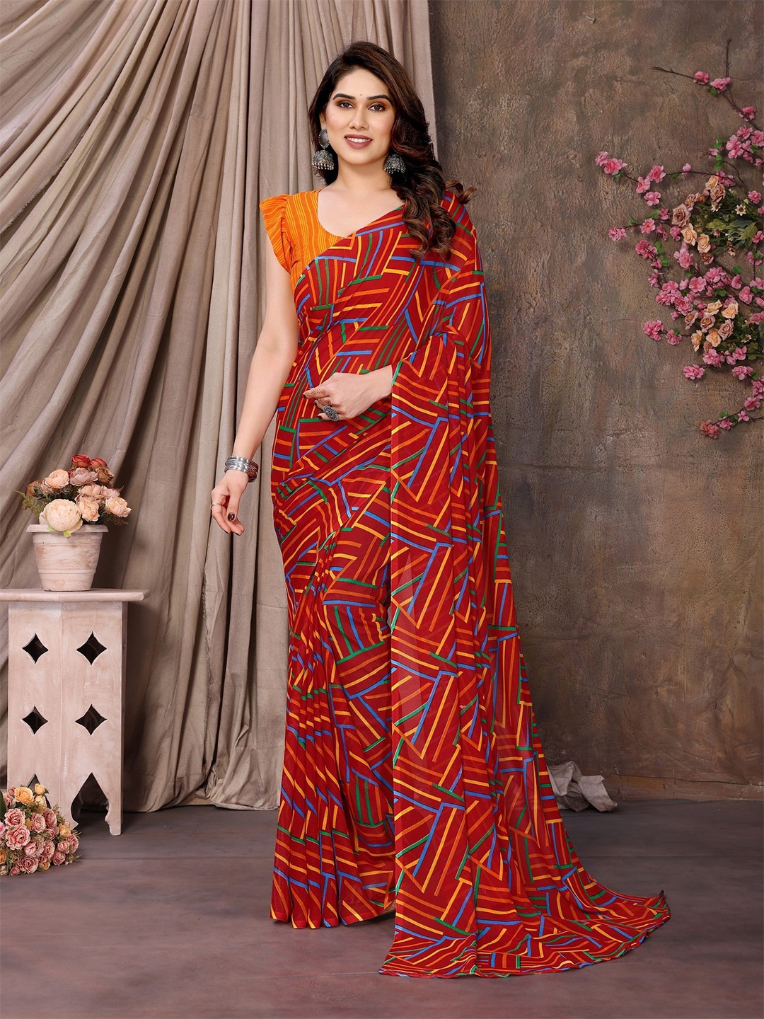 

The Textile Hub Striped Saree with Blouse, Red